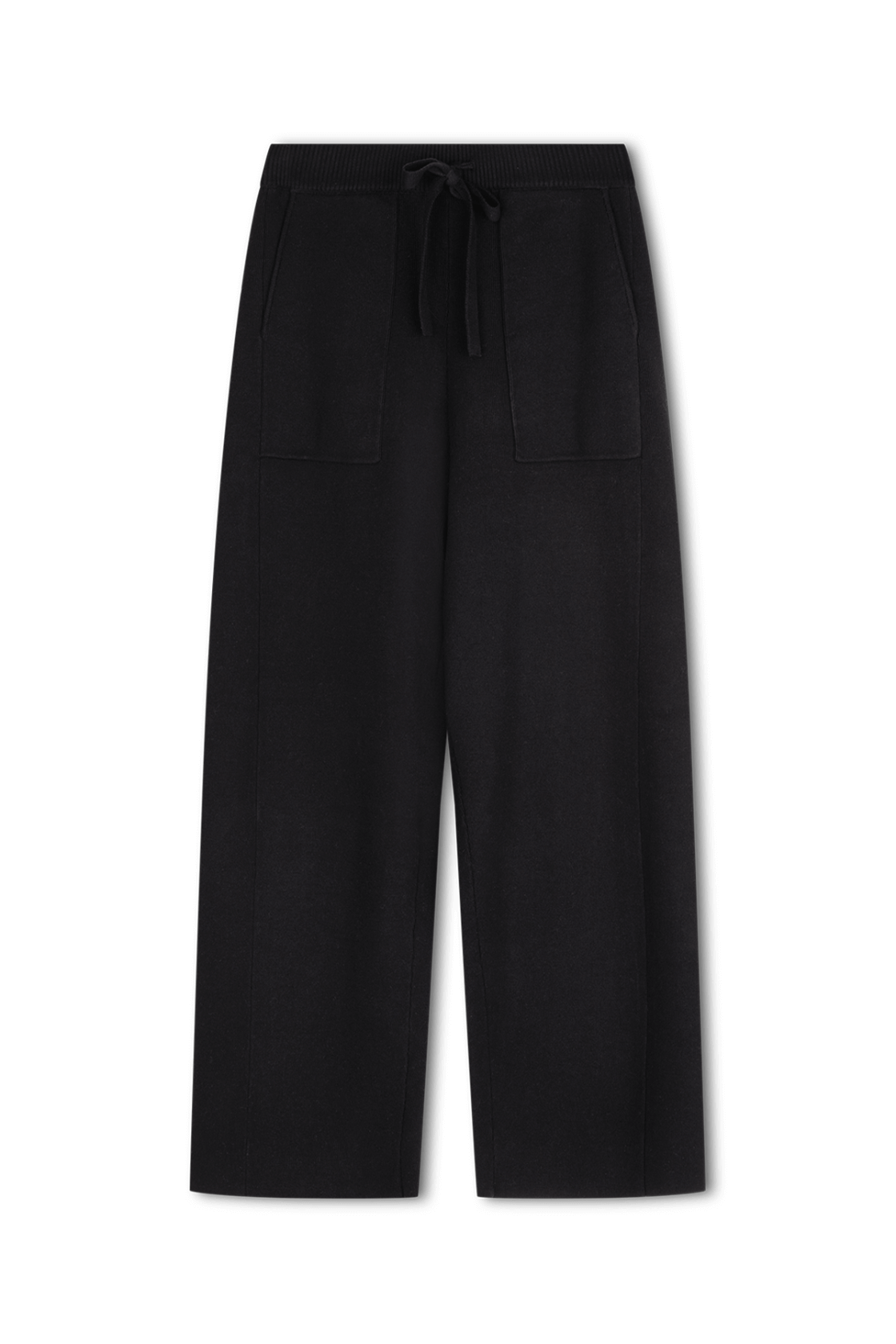Barrel-leg knit pants in black organic cotton with front patch pockets and ribbed drawcord waist.