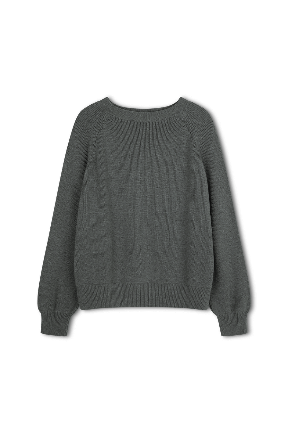 Oversized dark grey sweater in organic cotton with raglan sleeves and ribbed edges.