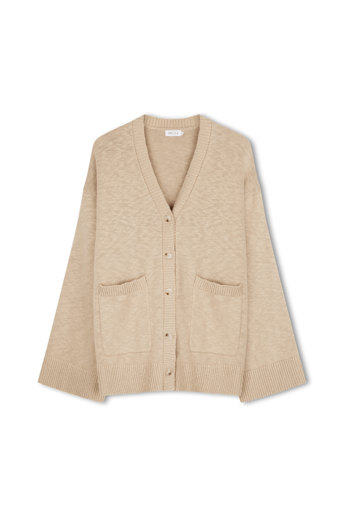 Front view of taupe slub knit cardigan in organic cotton with relaxed fit and wide sleeves.