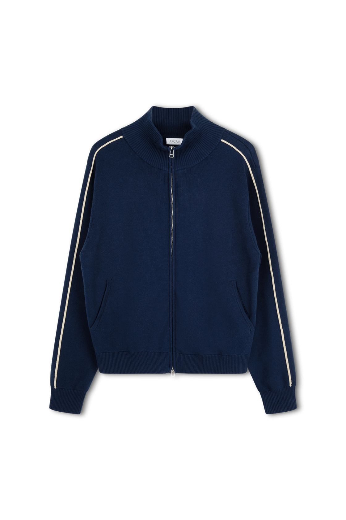 Track-style zip jacket in navy organic cotton with funnel neck and sleeve stripes.