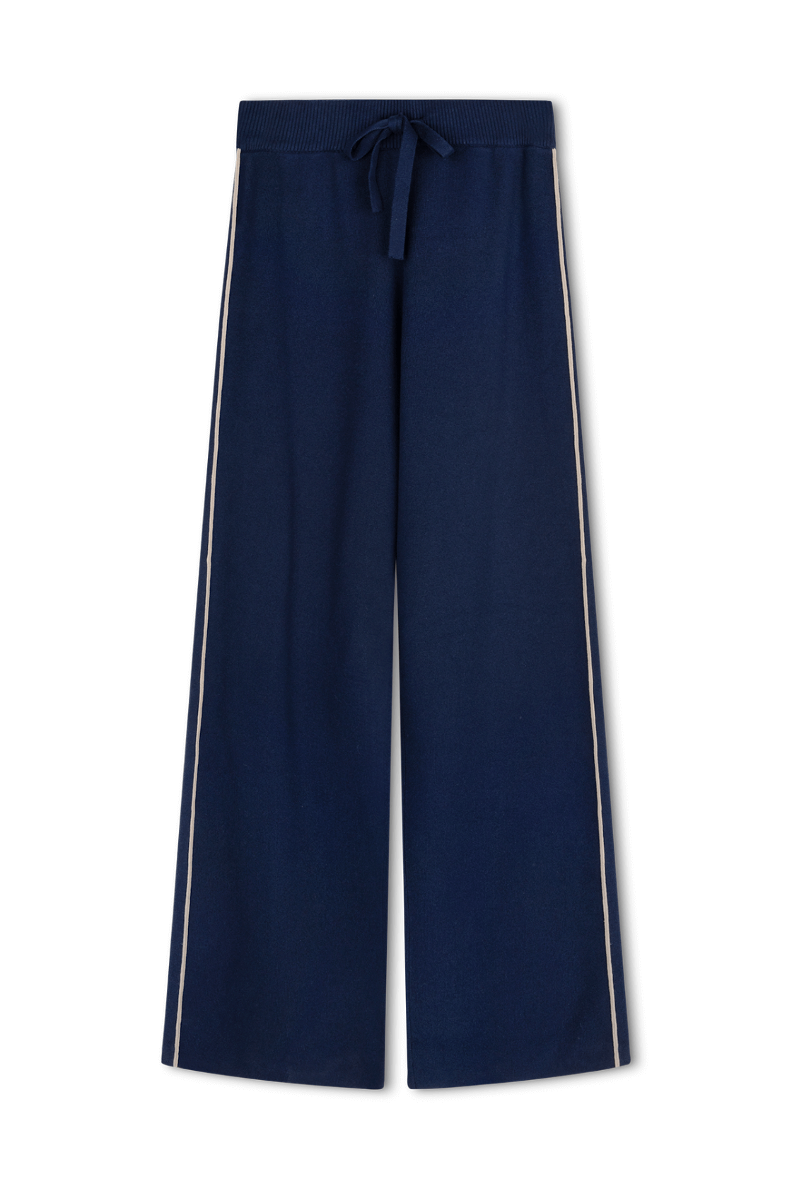 Navy wide-leg pants with contrast side stripes and elasticated drawcord waistband.