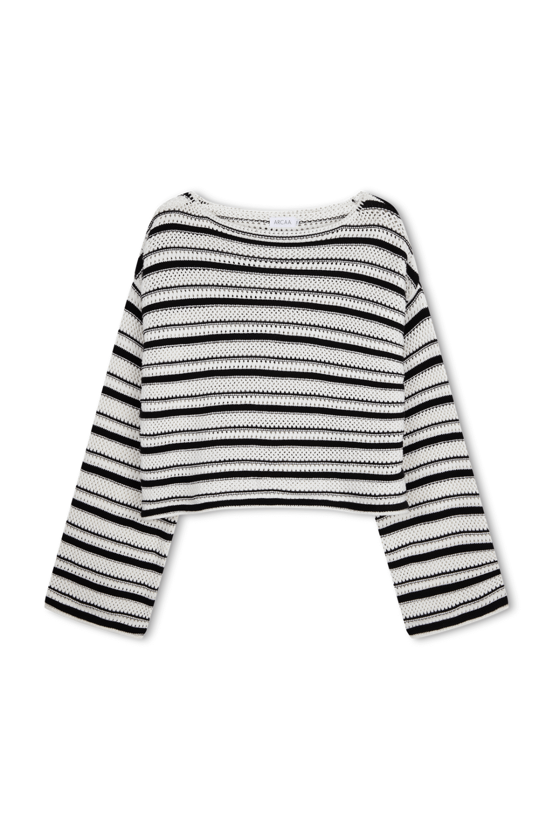 Stripe crochet knit sweater in cream and black with wide sleeves and relaxed silhouette.
