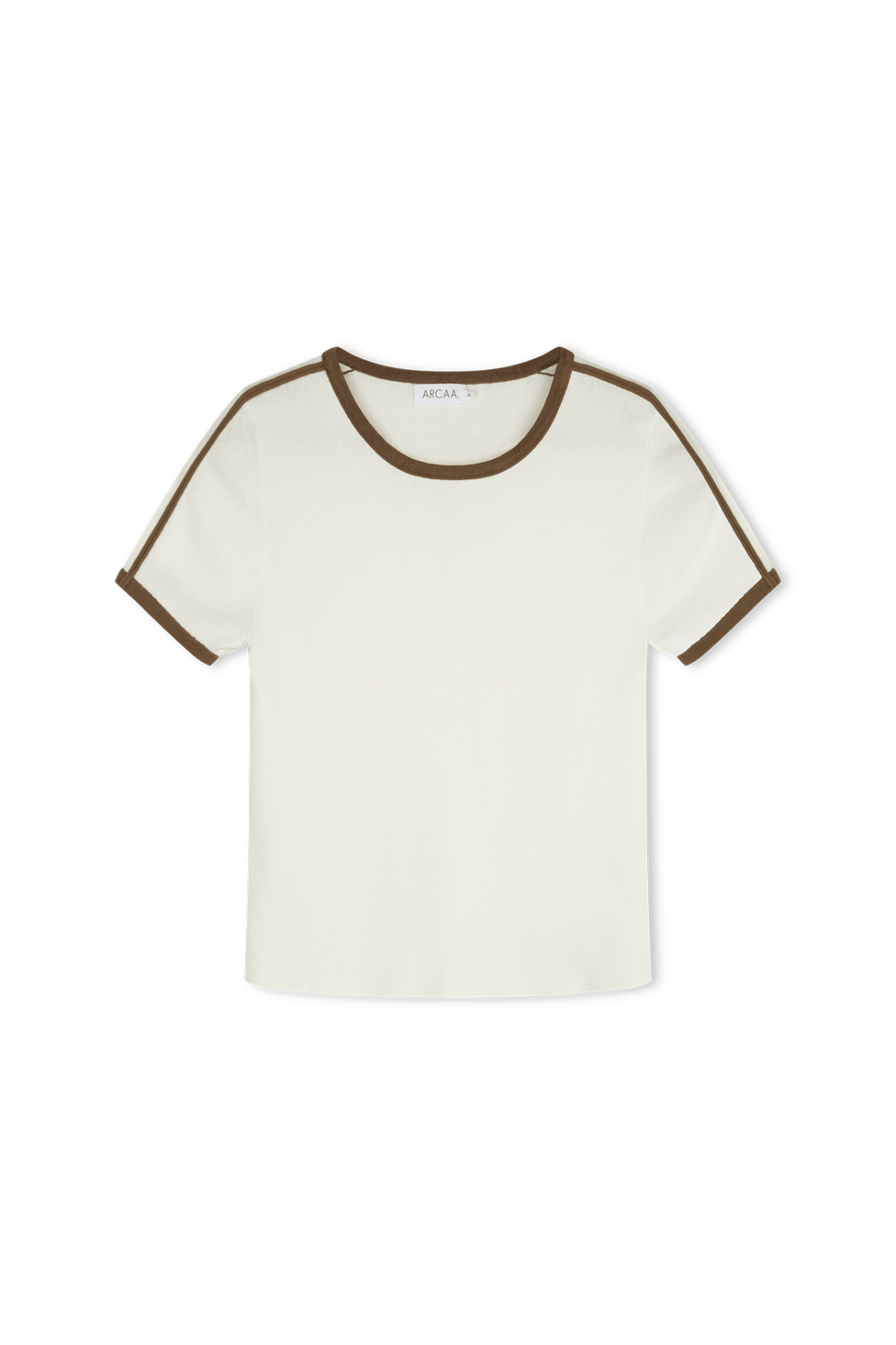 Cream ringer tee with cacao contrast sleeve stripe and cap sleeves in organic cotton.