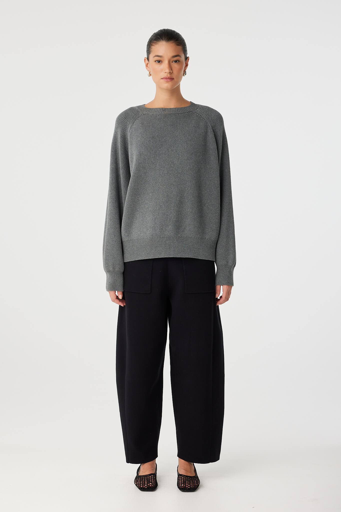 Rylan Pant styled with grey oversized sweater, showcasing versatile silhouette.