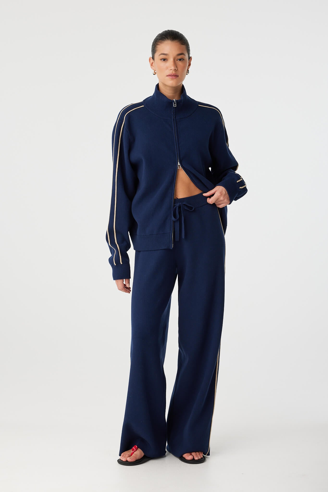 Rome Pant styled with matching navy top, relaxed set for casual layering.