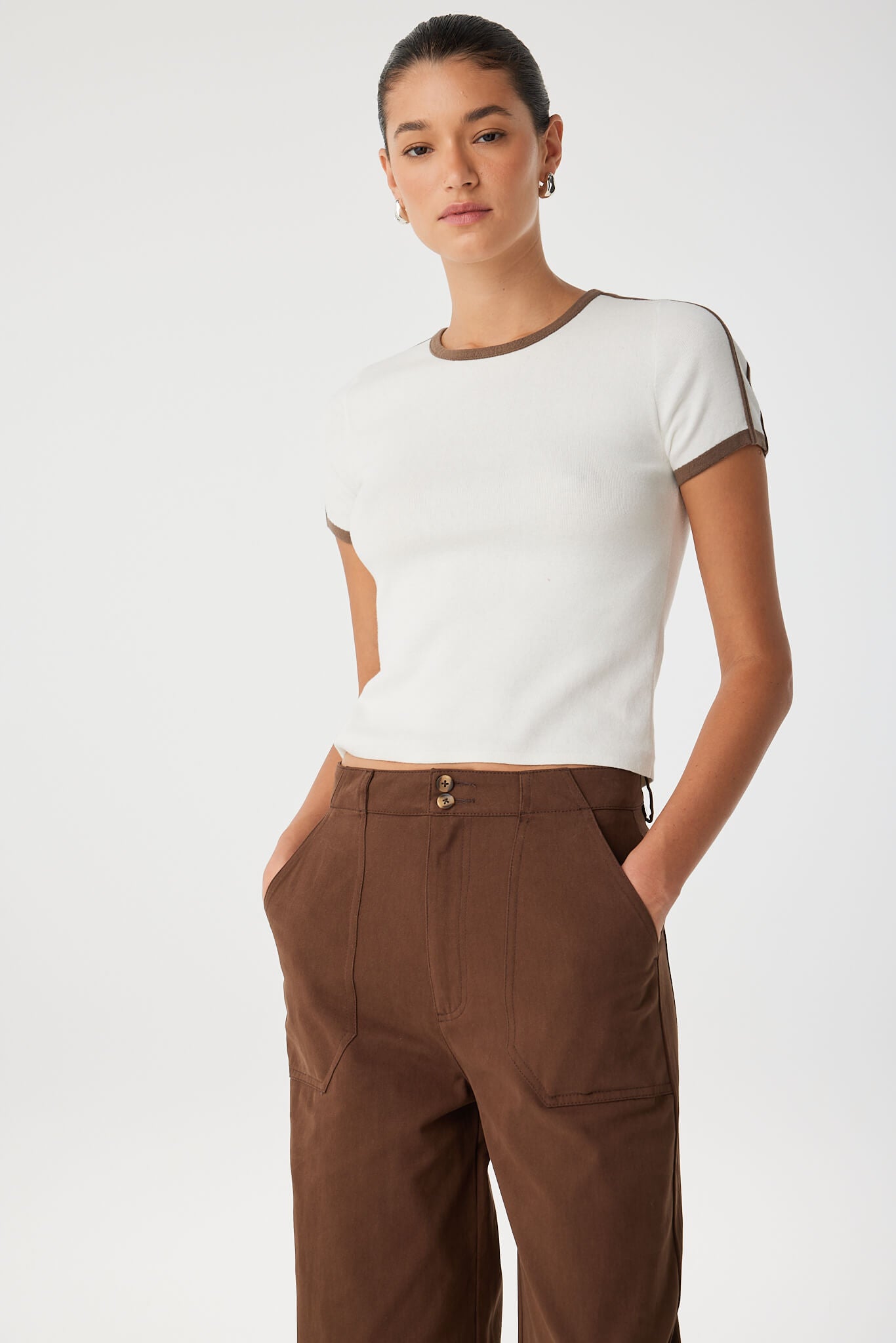 Relaxed styling of Mischa Tee with contrast trim and sculpted cotton knit silhouette.