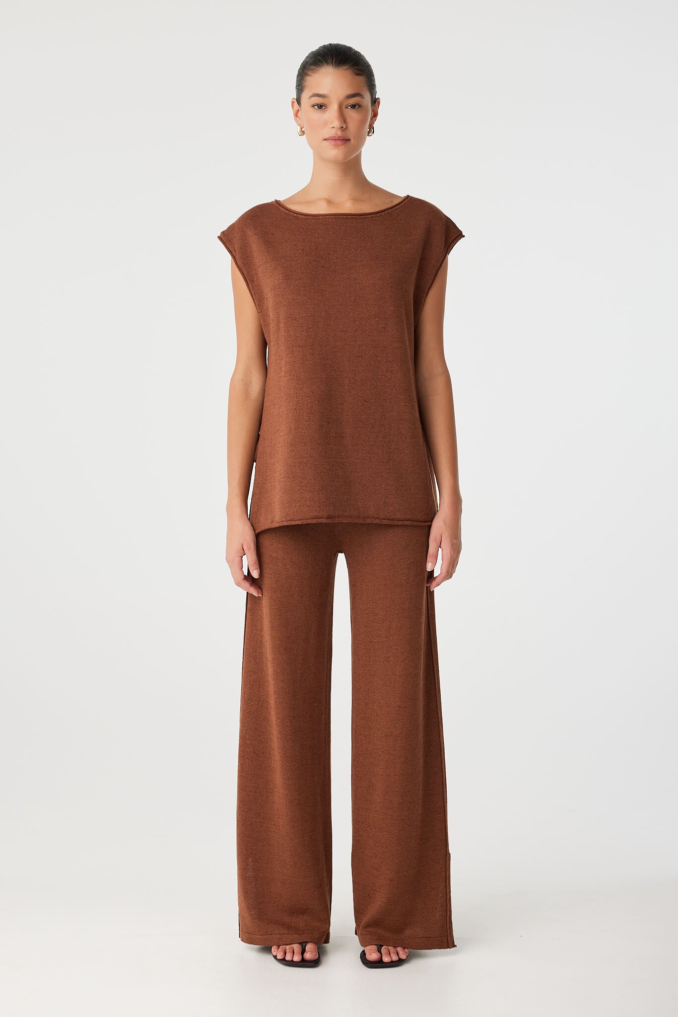 Poppy Top in clay styled with coordinating bottoms, showing soft drape and relaxed structure.