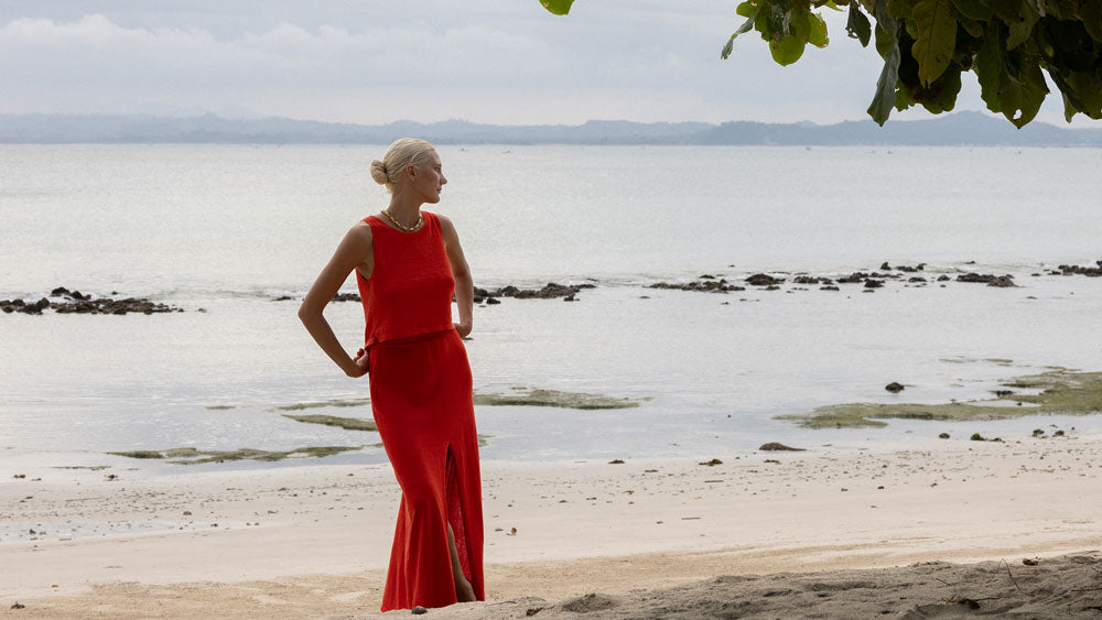 Behind the scenes of the Arcaa 'Solana' Resort Campaign featuring season muse Alena Larionova on the secluded white-sand shores of Ekas Bay, Lombok, capturing the essence of effortless beauty, natural elegance, and tranquil summer moments.