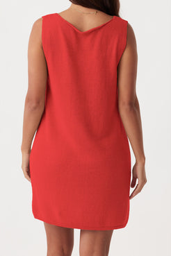 Back view of Poppy Mini Dress in hibiscus, ethically produced with a relaxed silhouette in an organic cotton-linen blend