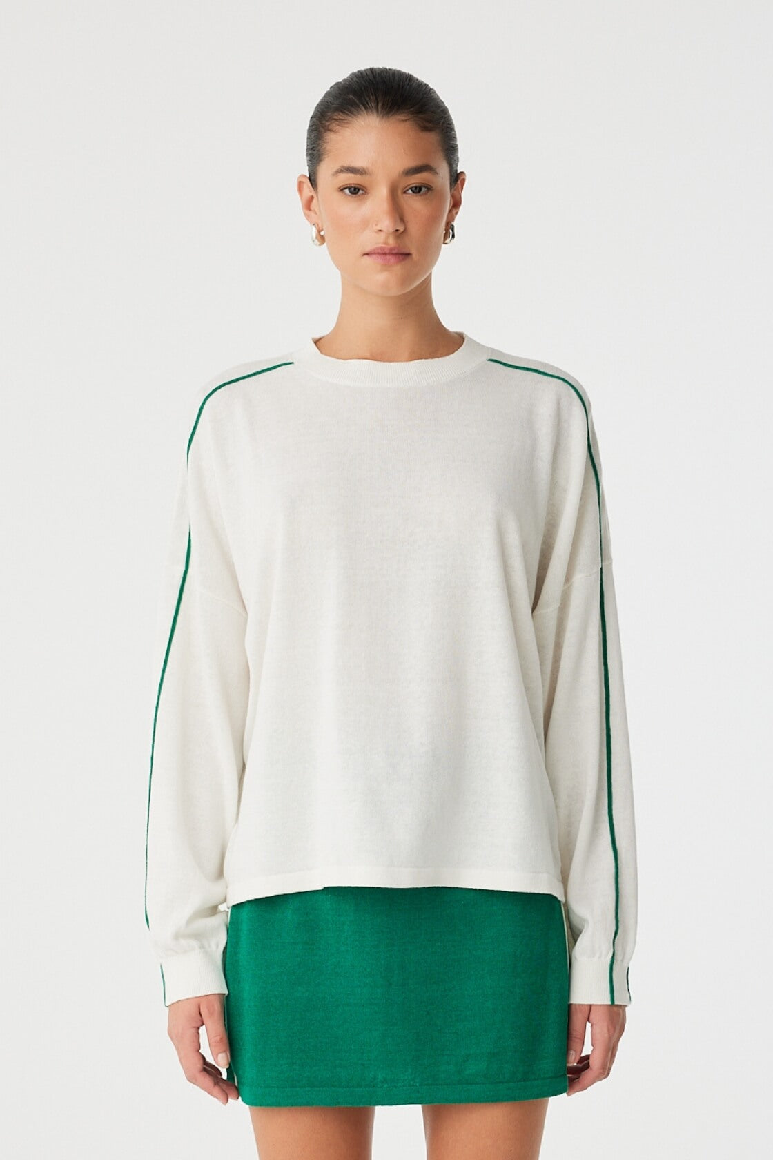 Front view of Pippa Long Sleeve in cream with green contrast stripe and relaxed silhouette.