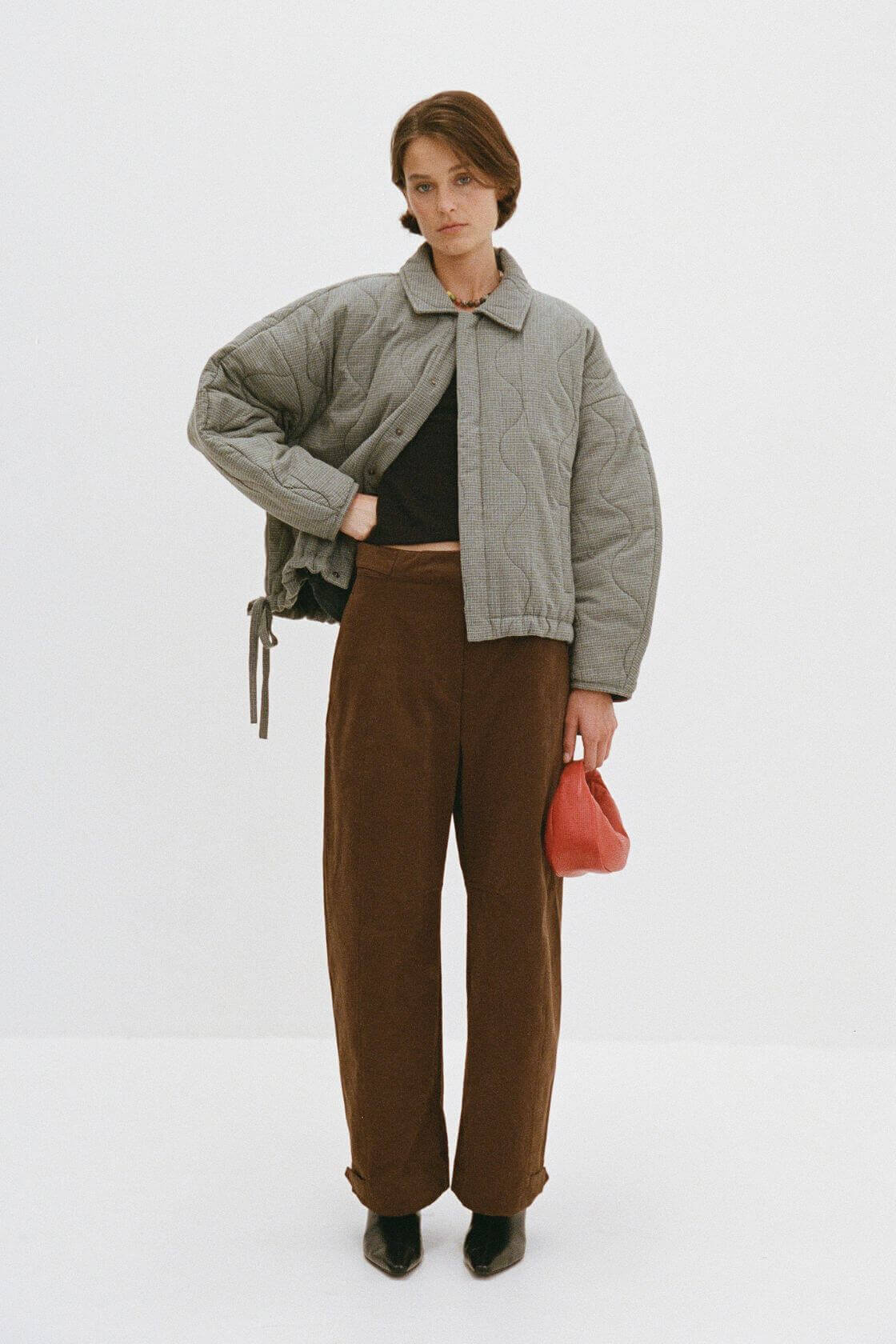 Full body outfit view of Matteo Jacket blue check, quilted cotton jacket with dropped shoulder and cocoon sleeves.