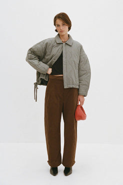 Full body outfit view of Matteo Jacket blue check, quilted cotton jacket with dropped shoulder and cocoon sleeves.