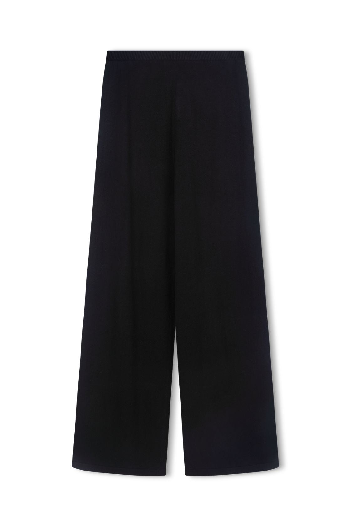 Flat lay of black relaxed wide-leg pants showing full straight leg shape