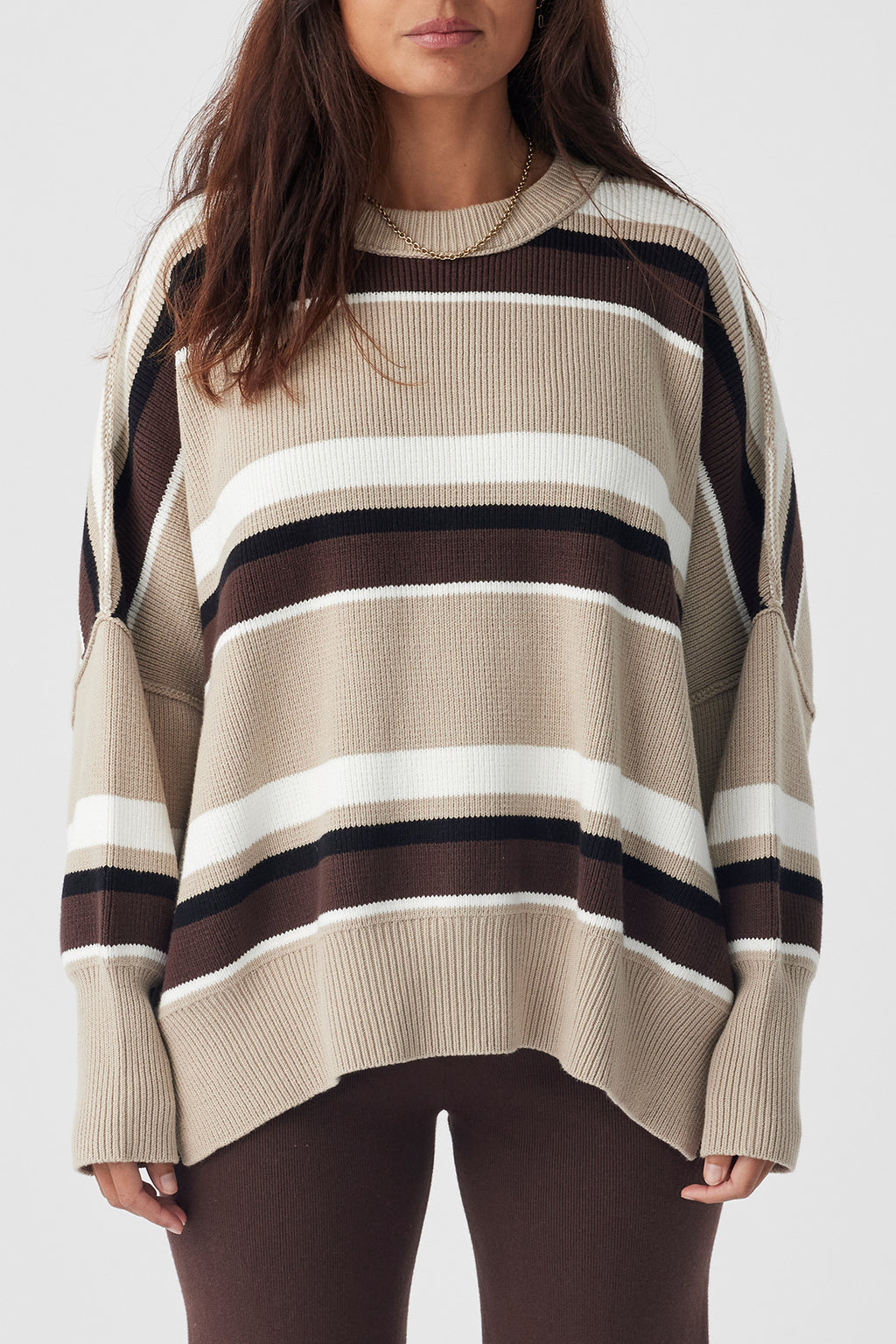 Harper Stripe Organic Knit Sweater - Taupe, Chocolate, Cream & Black