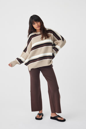 Harper Stripe Organic Knit Sweater - Taupe, Chocolate, Cream & Black