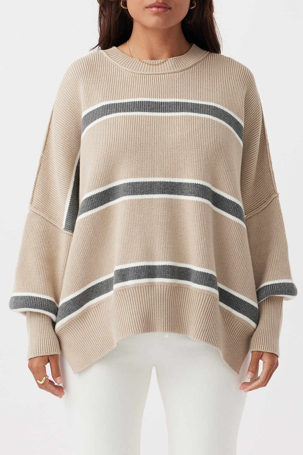 Harper Stripe Sweater - Taupe, Cream & Dark Grey Marle