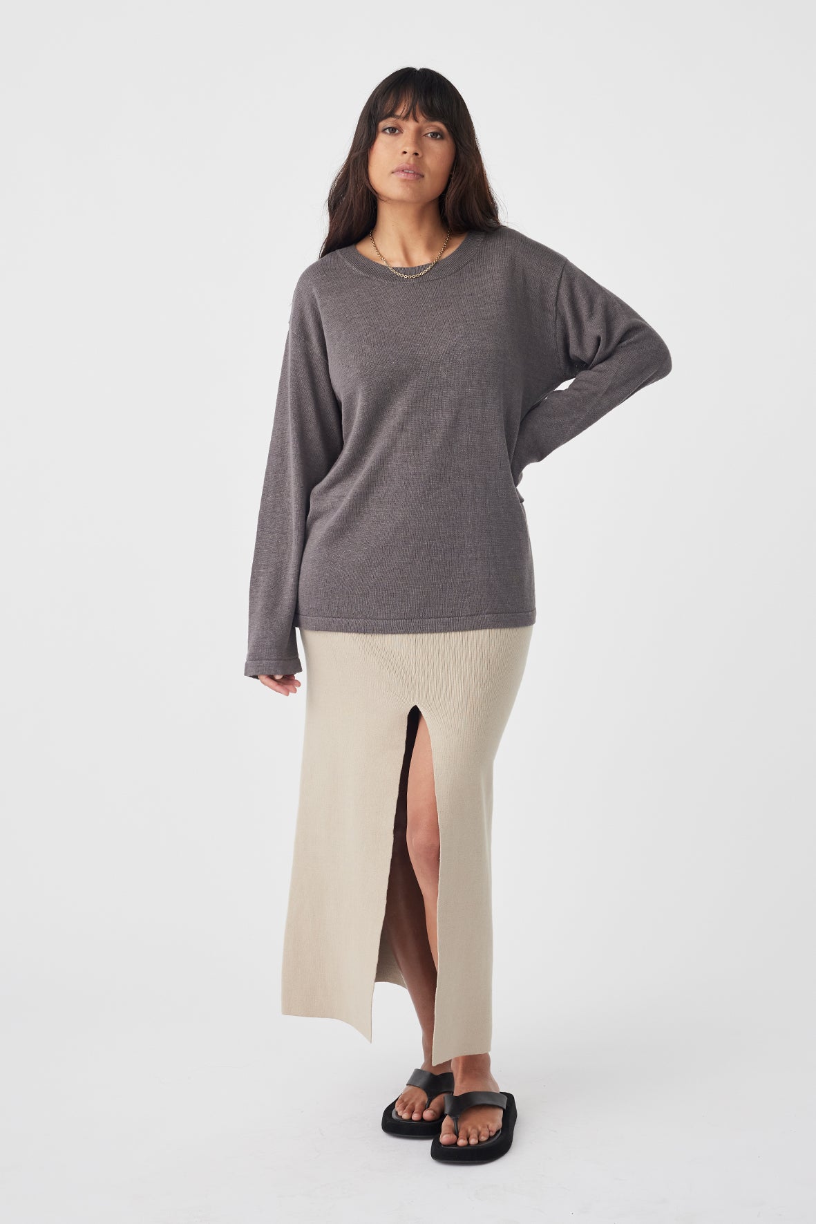 Hugo Linen Knit Long Sleeve T-Shirt - Light Grey