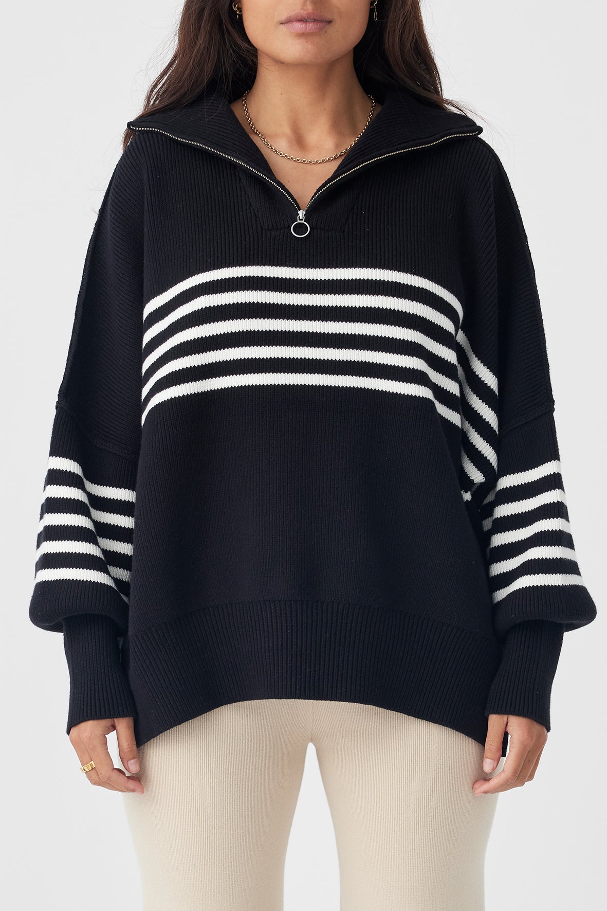 London Zip Stripe Organic Sweater - Black & Cream