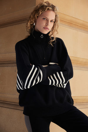 London Zip Stripe Sweater - Black & Cream