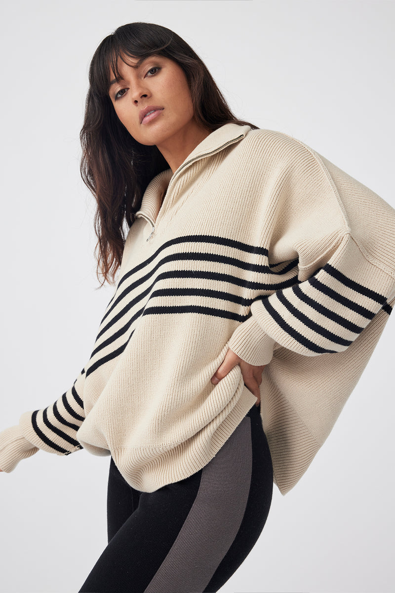 London Zip Stripe Sweater - Sand & Black