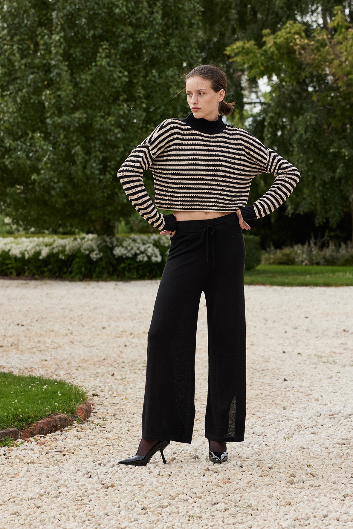 June Cropped Organic Cotton Sweater - Sand & Black