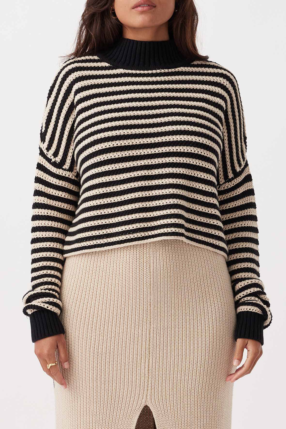 June Cropped Organic Cotton Sweater - Sand & Black