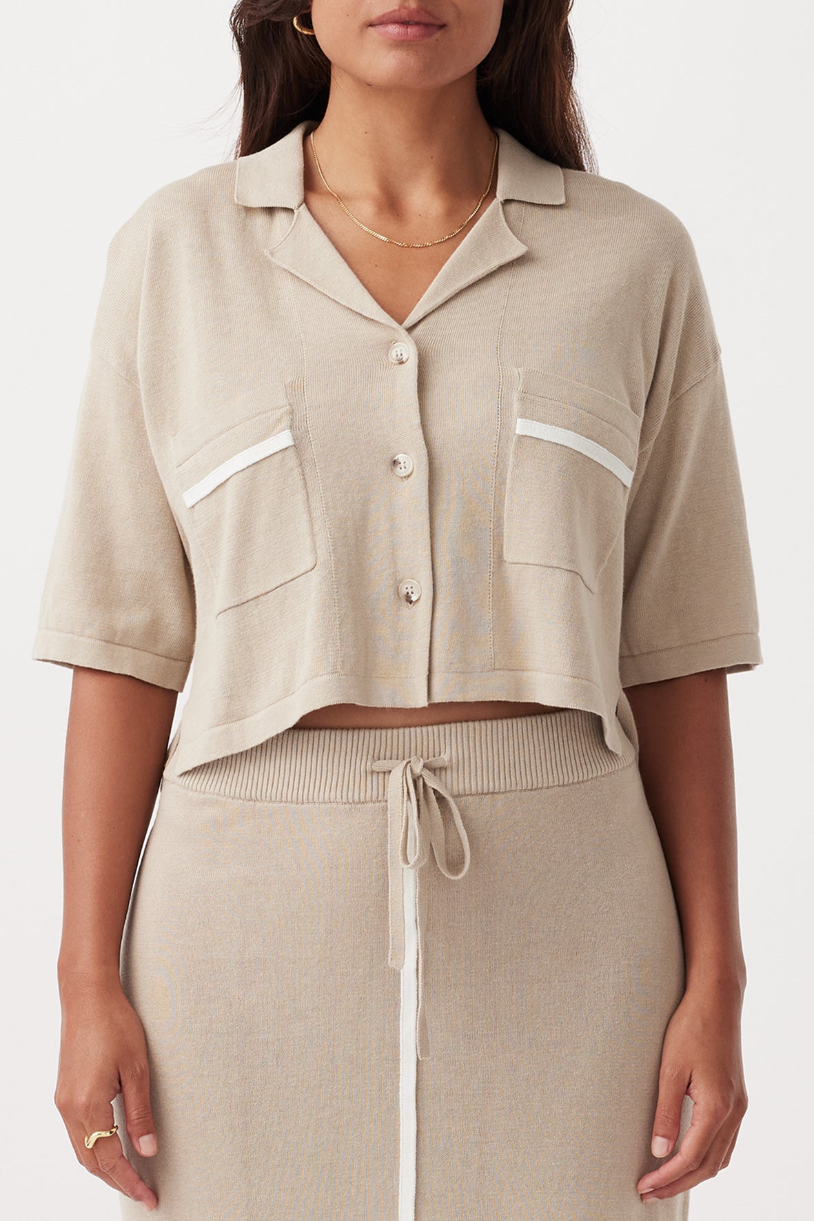 Quinn Cropped Shirt - Taupe & Cream