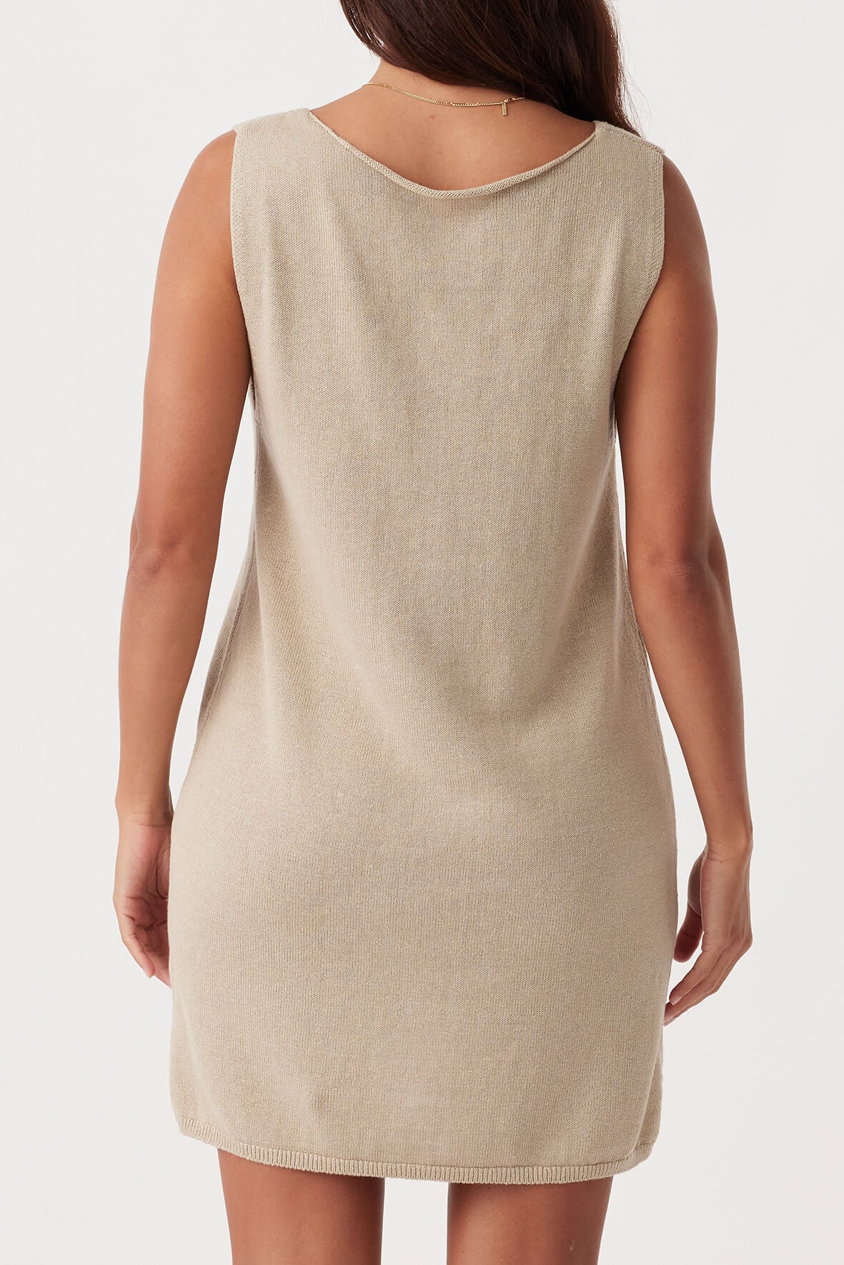 Back view of Poppy Mini Dress in taupe, ethically produced with relaxed silhouette and organic cotton-linen blend.