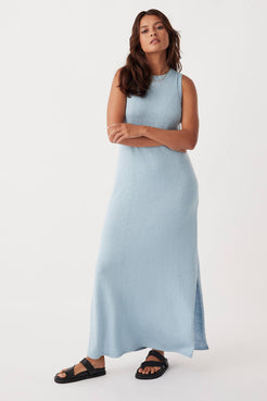 Full-body shot of Izi Maxi Dress in sky, shift silhouette with high crew neck, crafted from OEKO-TEX certified organic cotton-linen blend.