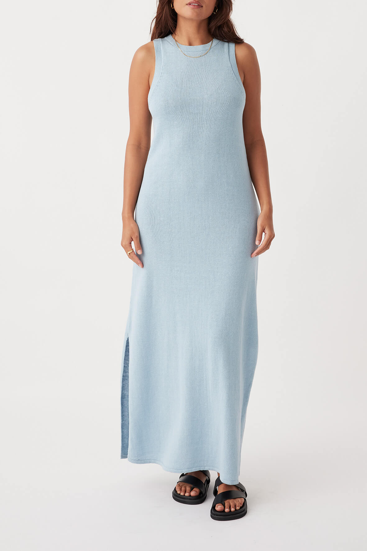 Front view of Izi Maxi Dress in sky, shift shape with high crew neck, crafted from organic cotton-linen blend