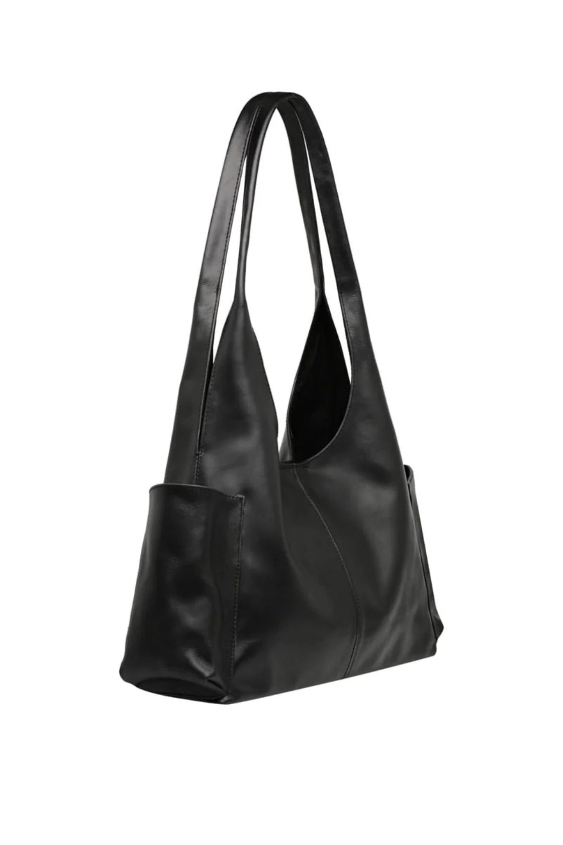 A black leather shoulder bag with a single shoulder strap and a side pocket, shown from a three-quarter angle on a plain white background.