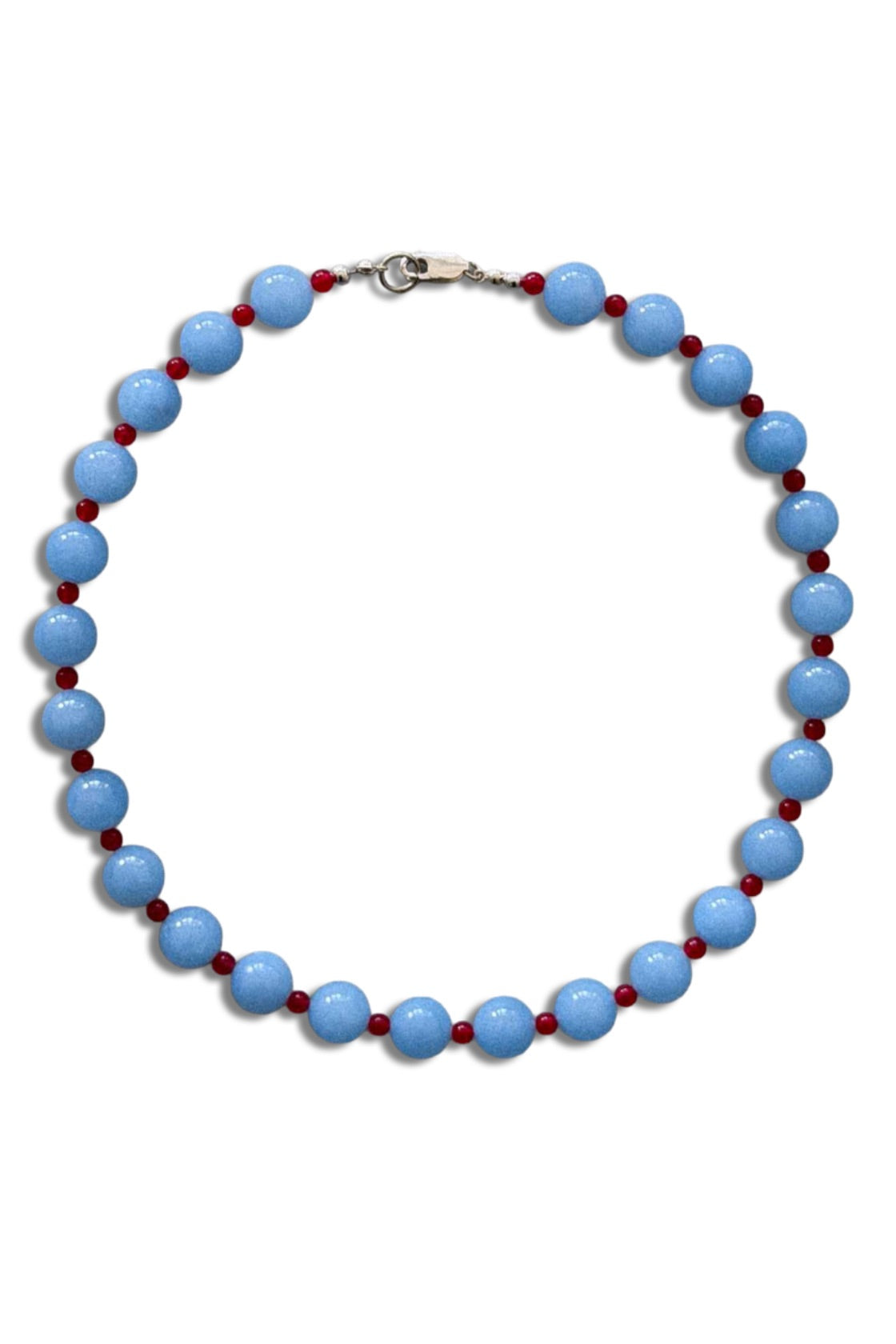 A beaded necklace featuring large light blue oval beads separated by small dark red round beads, with a silver lobster clasp at the top, shown on a plain white background.