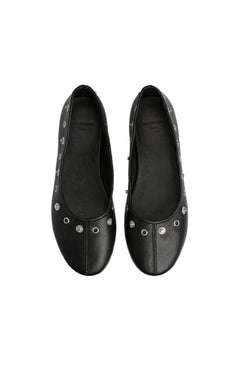 Pair of black ballet flats showing rounded toe