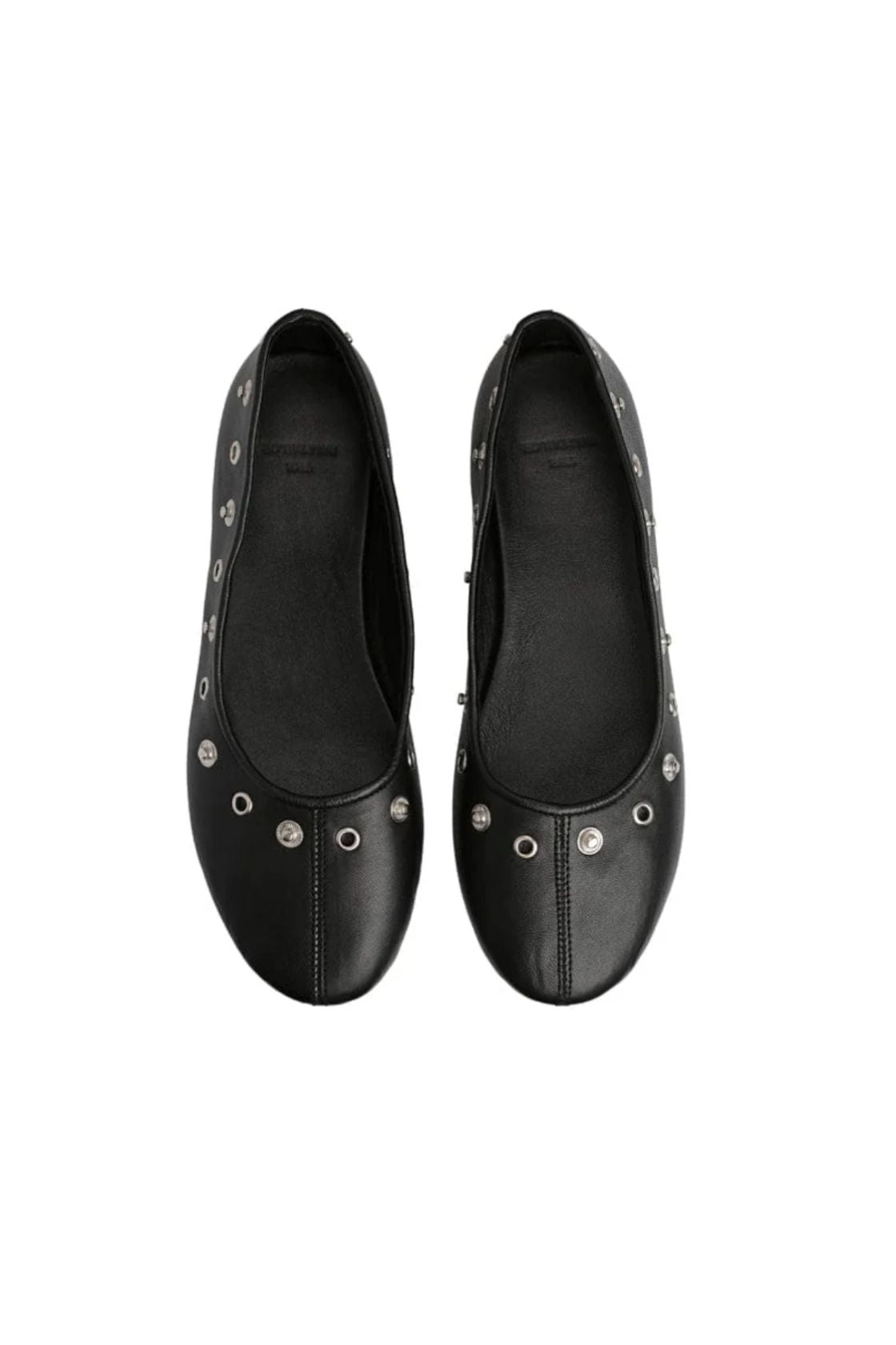 Pair of black ballet flats showing rounded toe