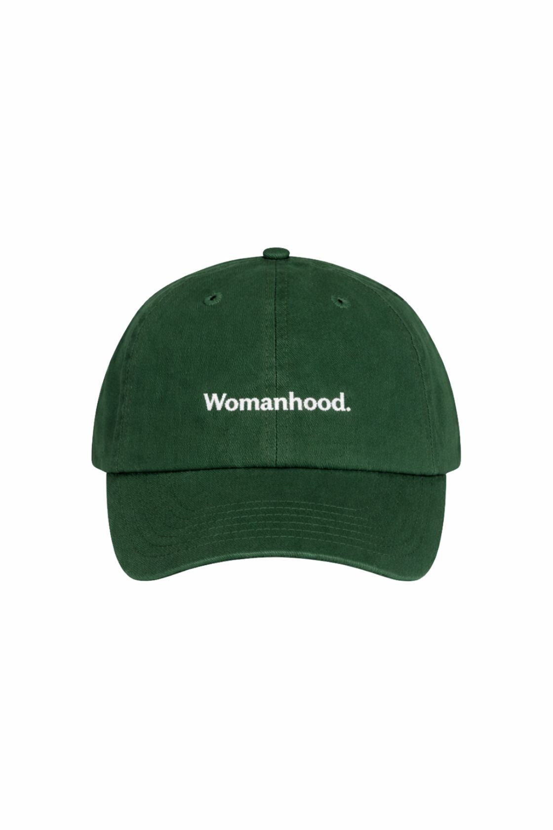 Forest green Womanhood dad cap, front view with embroidered logo