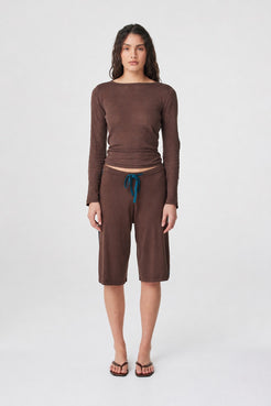 Tully Shorts in Espresso & Teal styled with a coordinating espresso long sleeve top, full-length front view showing the mid-rise drawstring waistband and knee-length silhouette.
