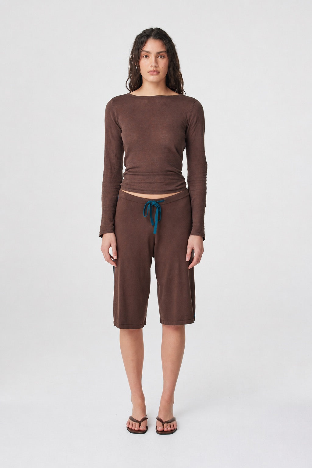 Tully Shorts in Espresso & Teal styled with a coordinating espresso long sleeve top, full-length front view showing the mid-rise drawstring waistband and knee-length silhouette.