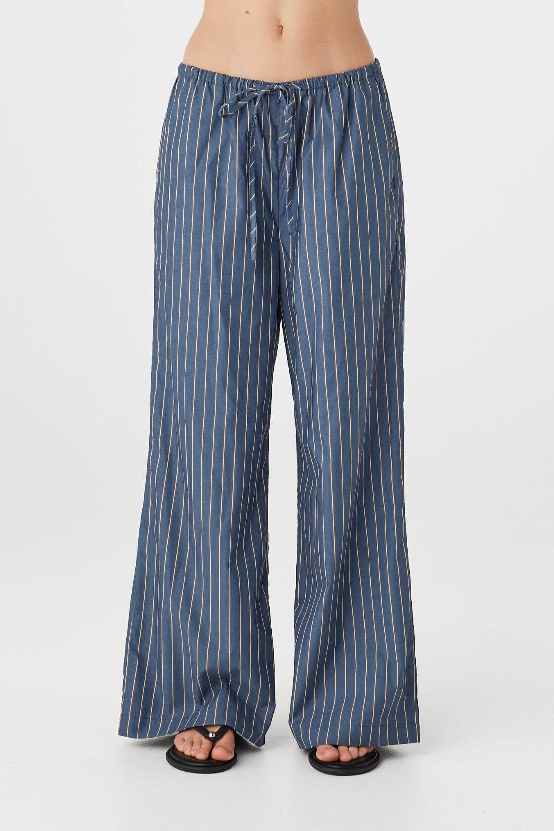 Rae Pant muted blue stripe, straight-leg cotton pants showing full length and stripe placement, front view.