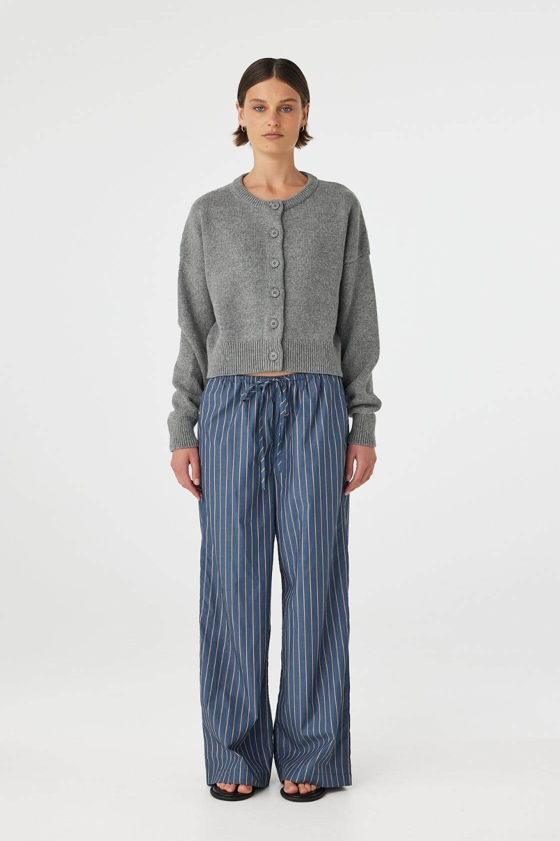 Front view of Rae Pant muted blue stripe, pull-on waist and straight leg shape with stripe pattern.