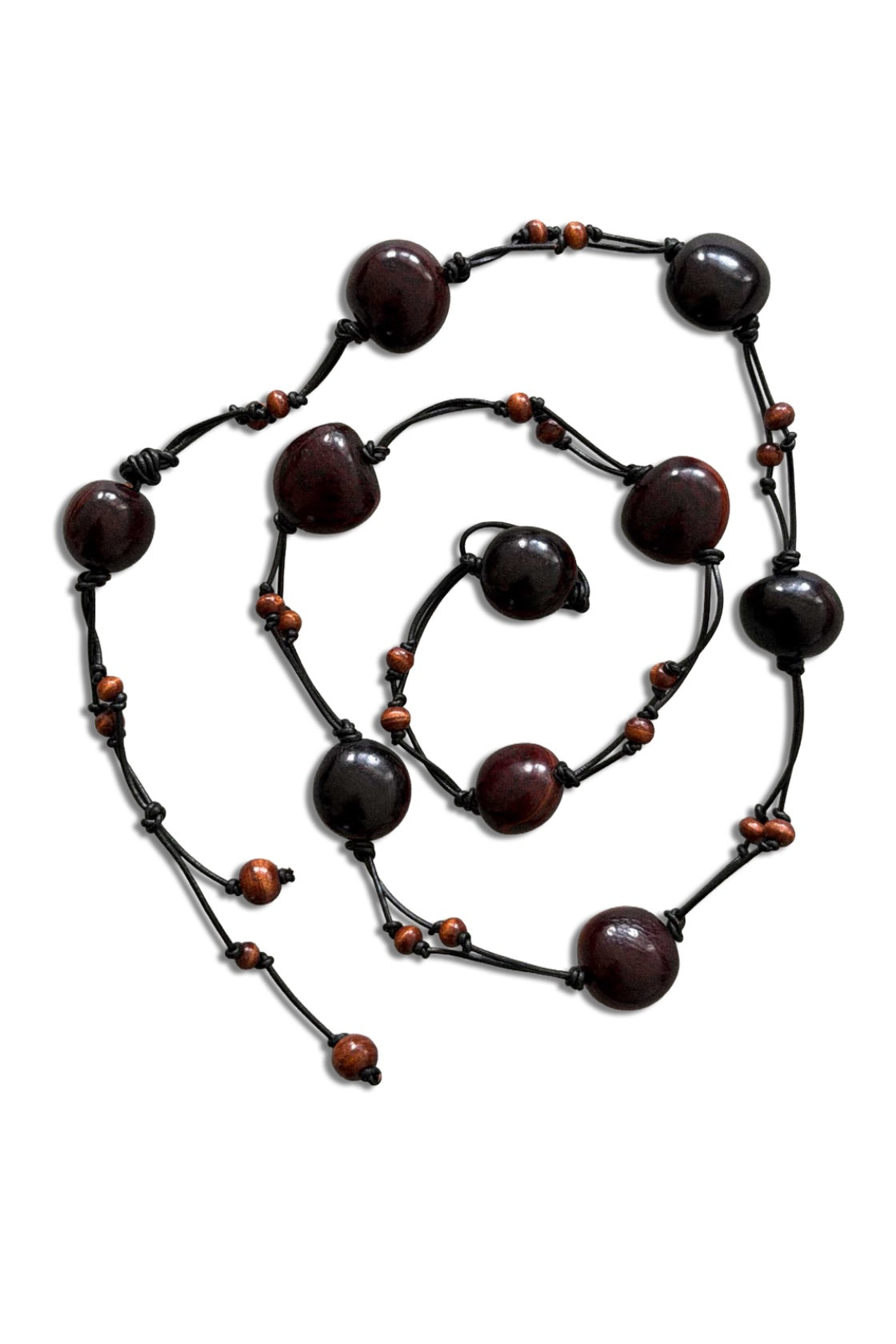 A dark brown beaded belt with large polished round beads and smaller reddish-brown accent beads, arranged in a spiral on a white background.