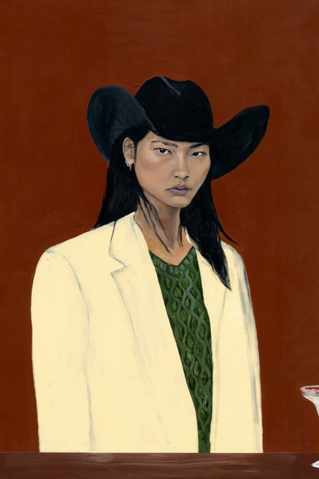 A portrait painting of a woman wearing a black cowboy hat, a cream-colored blazer, and a green patterned top against a solid reddish-brown background.