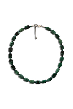 A beaded necklace made of dark green and black marbled beads with a silver-tone lobster clasp and extender chain, shown on a plain white background.