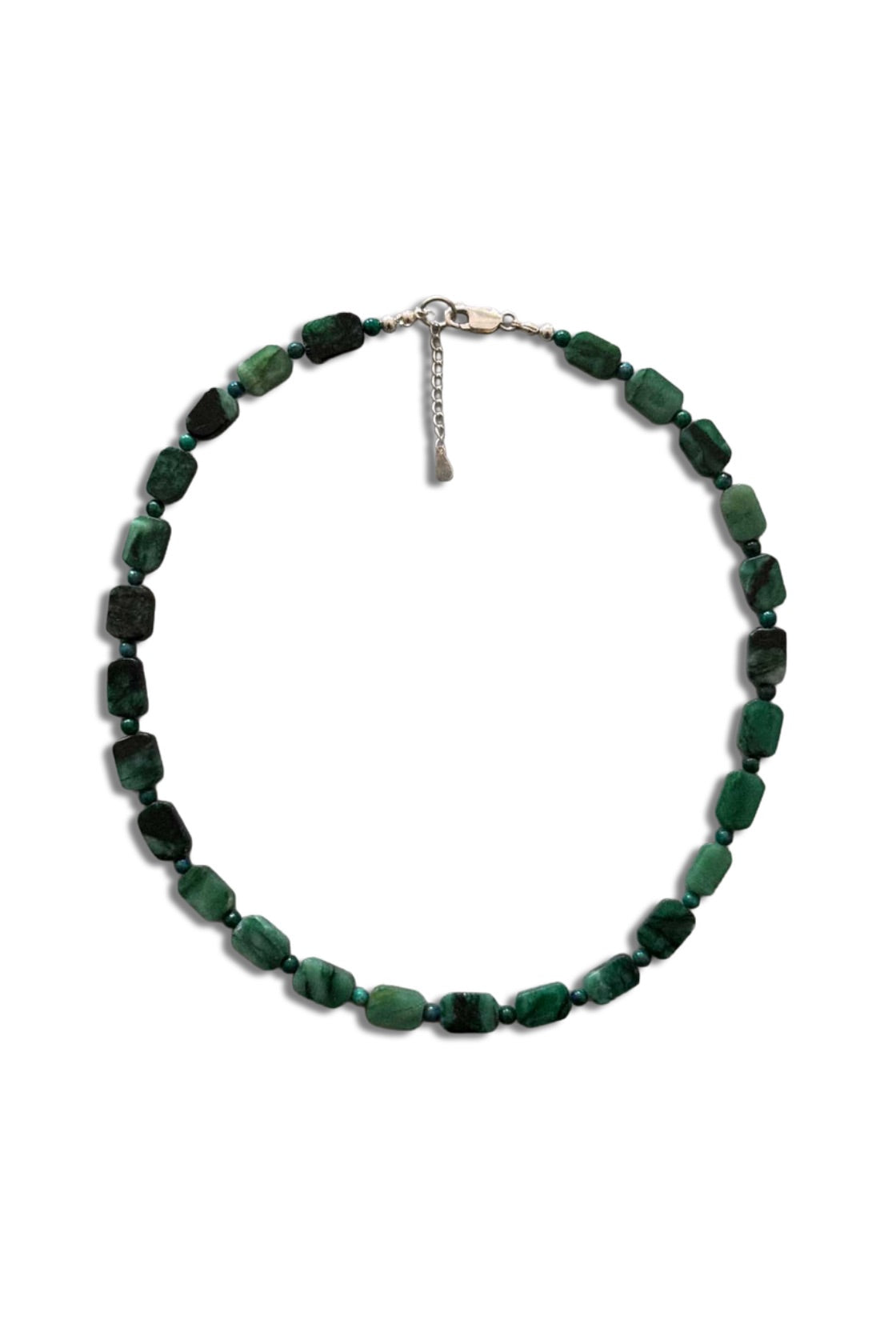 A beaded necklace made of dark green and black marbled beads with a silver-tone lobster clasp and extender chain, shown on a plain white background.
