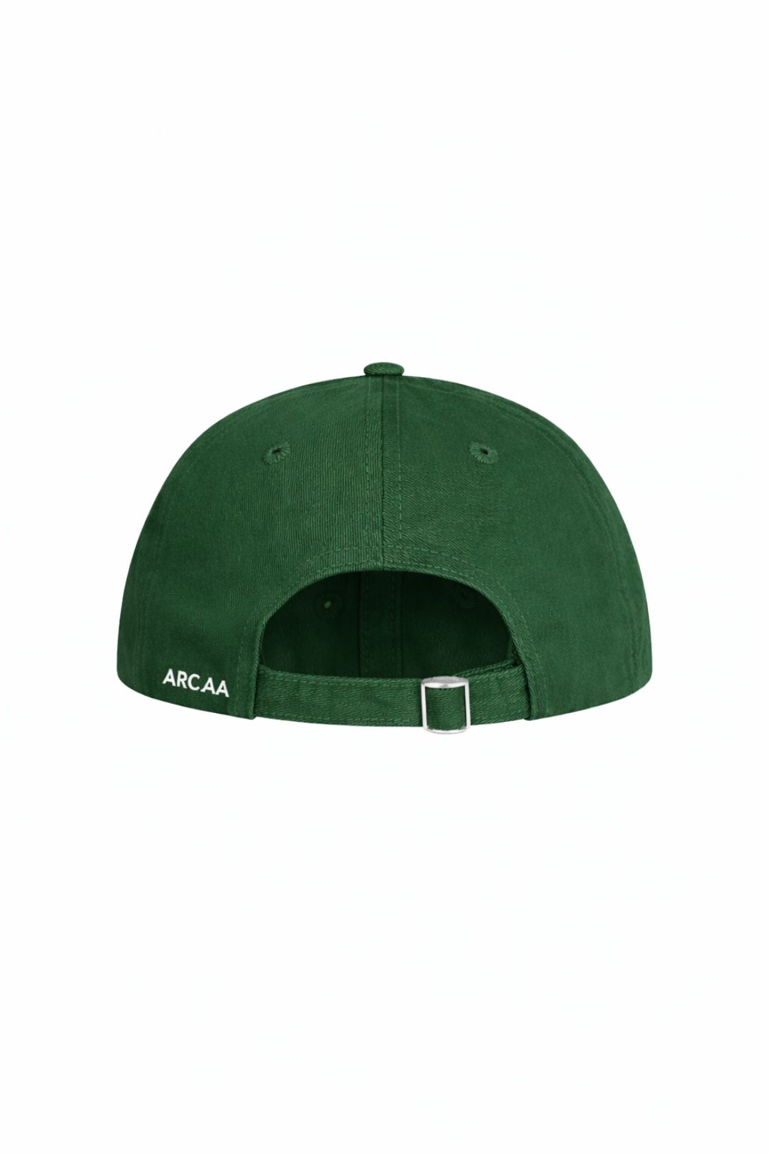 Back view of Forest green cap with adjustable strap and metal hardware
