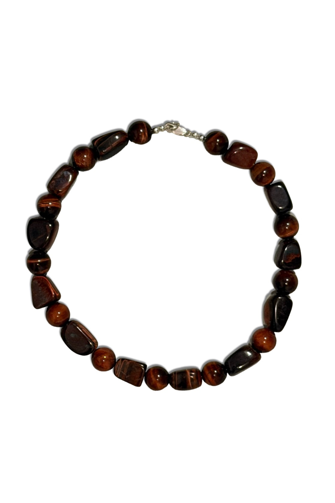 A beaded necklace made of polished tiger's eye and dark brown stone beads, arranged in a circle on a plain white background.
