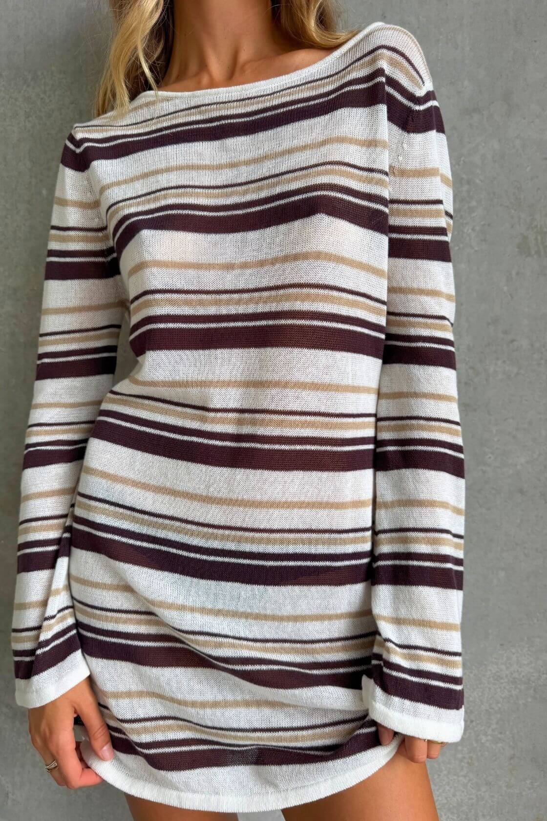 Nia Long Sleeve Mini Dress - Cream Choc Stripe