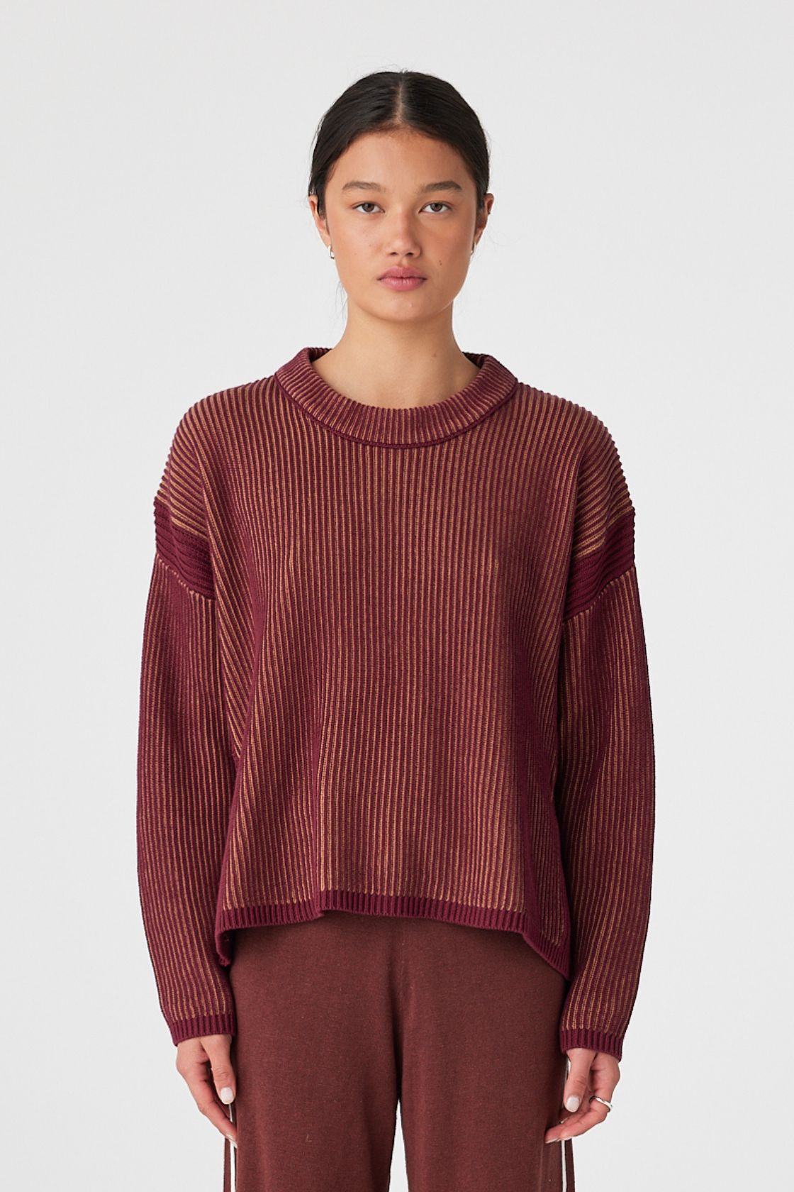 Close view of two-tone rib knit texture in Merlot & Pecan organic cotton