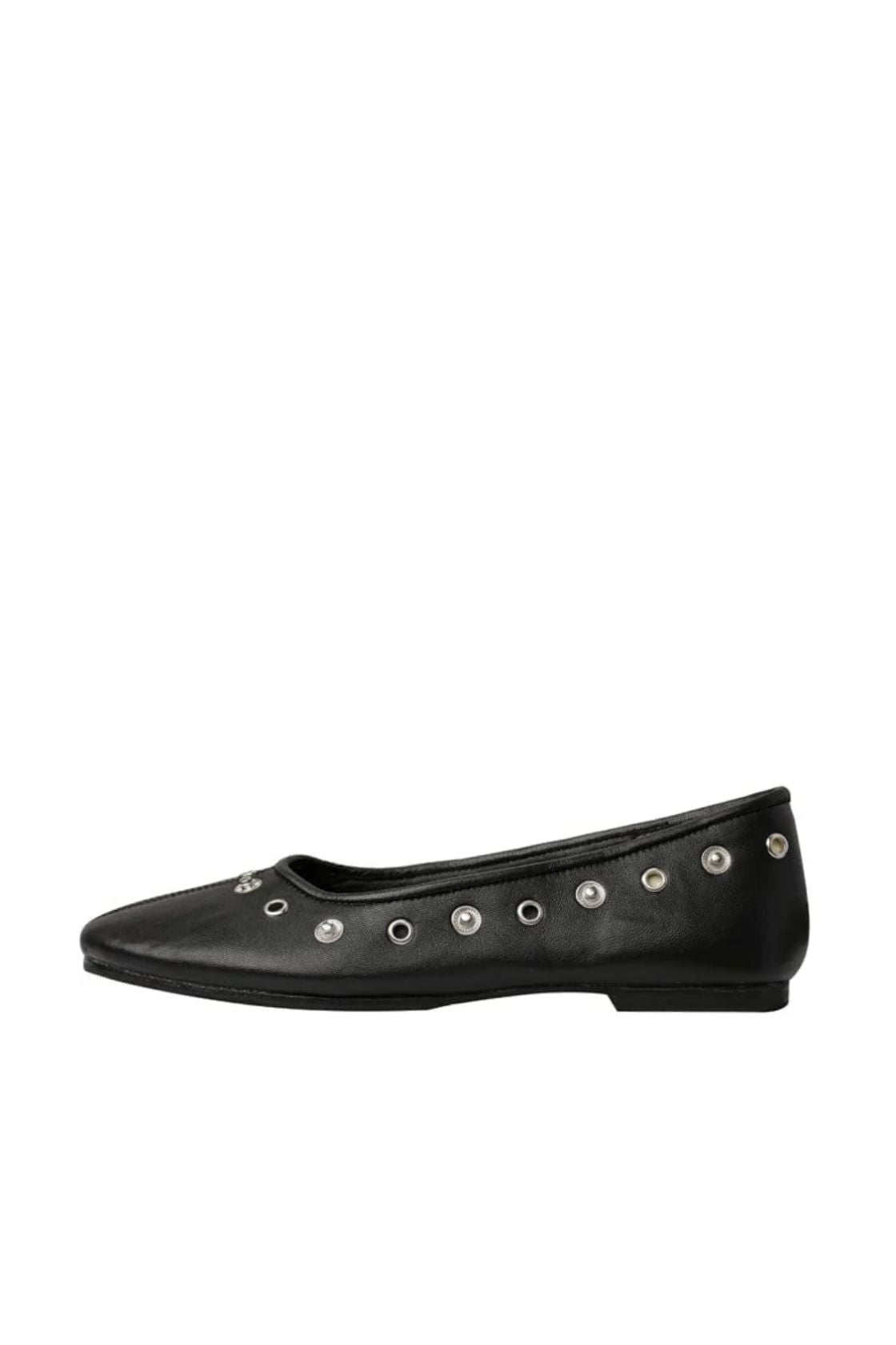Side view of black leather ballet flat with stud detail