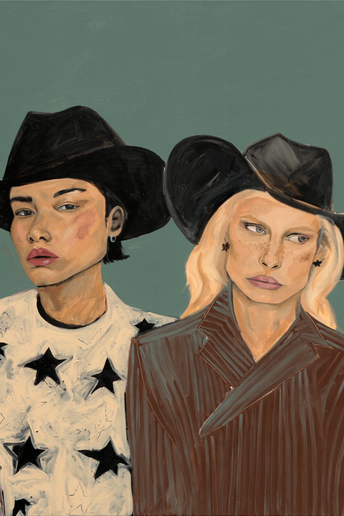 A stylized portrait painting of two women wearing black cowboy hats, set against a muted teal-green background. The woman on the left has short dark hair and wears a white top with black star patterns, while the woman on the right has long blonde hair and wears a brown jacket.
