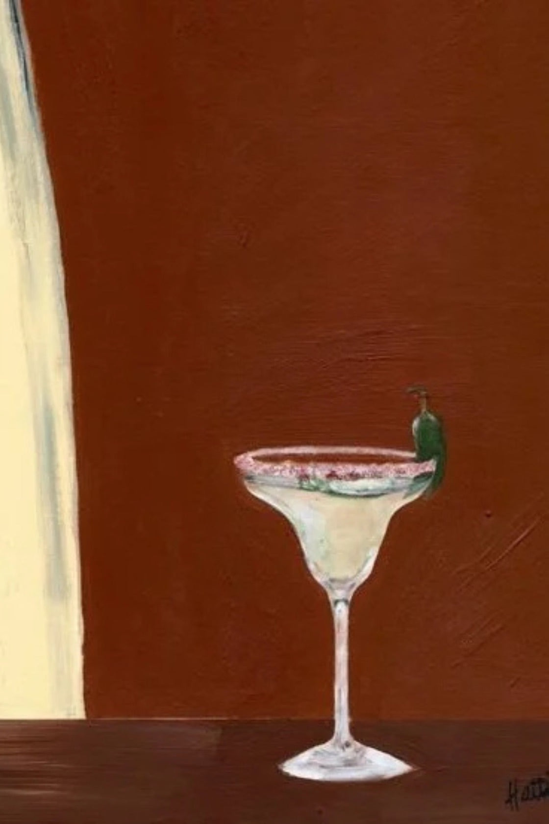 A still life painting of a margarita in a martini glass, with a green jalapeño garnish, set against a warm reddish-brown background and a cream curtain on the left.